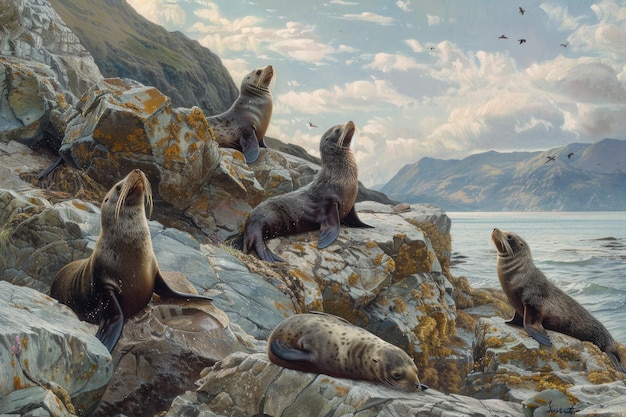 Le foche pelose indigene sulle rocce della Nuova Zelanda