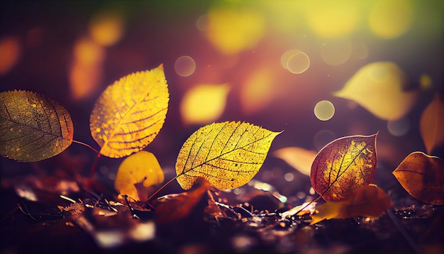 Le foglie autunnali decorano un bellissimo sfondo bokeh naturale con un ampio panorama al suolo della foresta