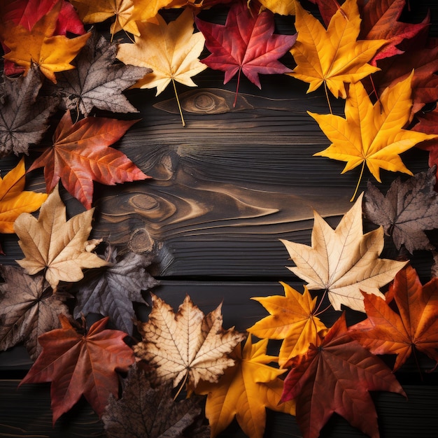 Le foglie d'acero d'autunno gialle e rosse giacciono in cerchio su un pavimento di legno IA generativa