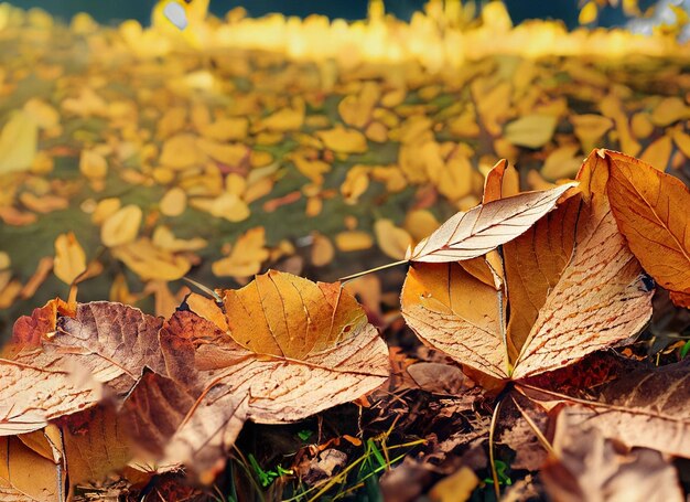 Le foglie d'autunno cadono nell'erba