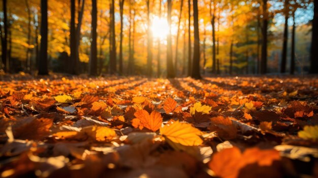 Le foglie d'autunno in una foresta con la luce del sole che splende creando un'atmosfera serena e vibrante