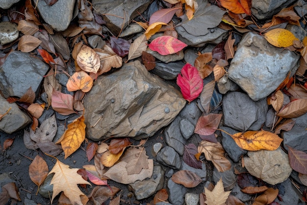 Le foglie d'autunno si riposano sul terreno roccioso