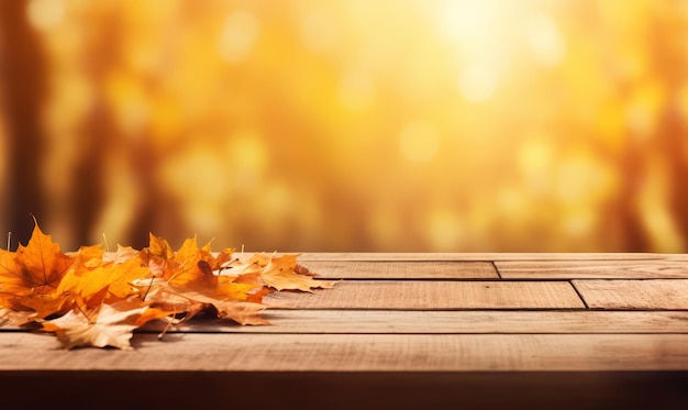 le foglie di autunno cadono sulla tavola di legno