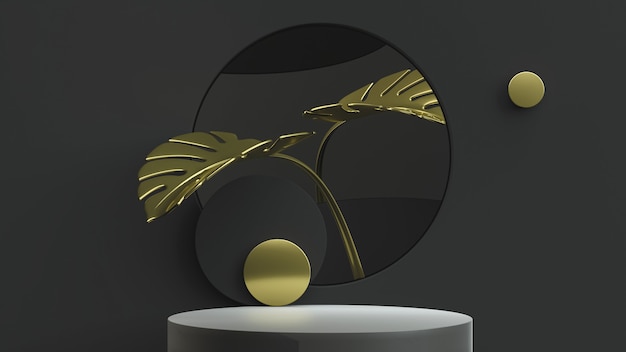 Le foglie di monstera d'oro e il prodotto hanno una scena minima. Illustrazione 3D. Vista frontale. Illuminazione chiave del nero della geometria astratta.