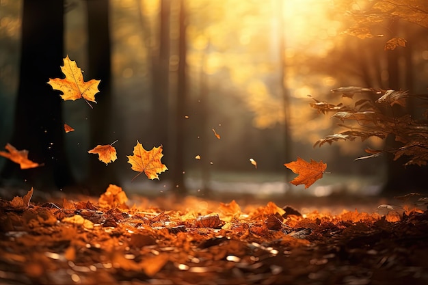 Le foglie di quercia cadono sulla foresta autunnale illuminata dal sole mattutino