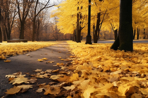 Le foglie gialle cadute volano nel parco autunnale