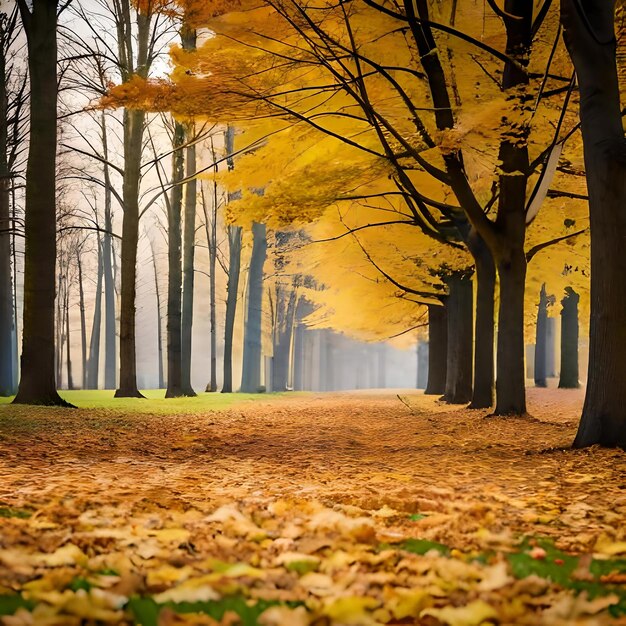 Le foglie gialle cadute volano nella scena idilliaca del parco autunnale nel pomeriggio in un parco vuoto