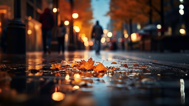 Le foglie gialle d'autunno cadono sul pavimento bagnato piovoso la sera la città luce sfocata