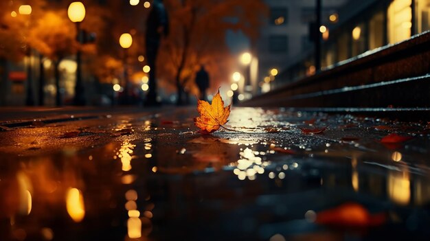 Le foglie gialle d'autunno cadono sul pavimento bagnato piovoso la sera la città luce sfocata