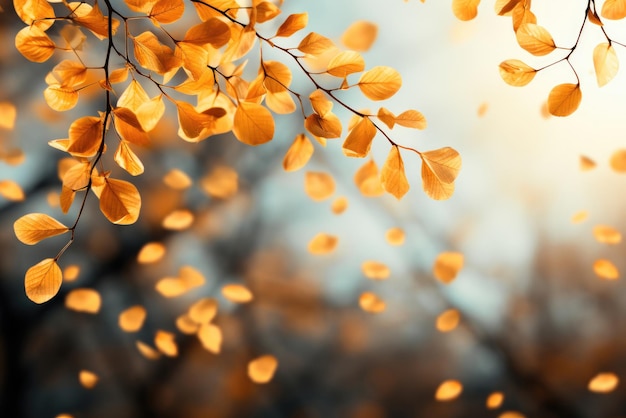 Le foglie gialle su un ramo di un albero stanno cadendo Sfondo autunnale con spazio per la copia