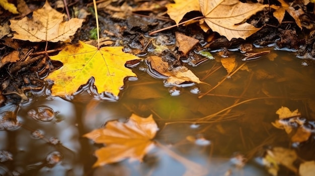 Le foglie ingiallite dell'acero si leccano nell'acqua e sul terreno bagnato dopo la pioggia Concetto autunnale AI generativa