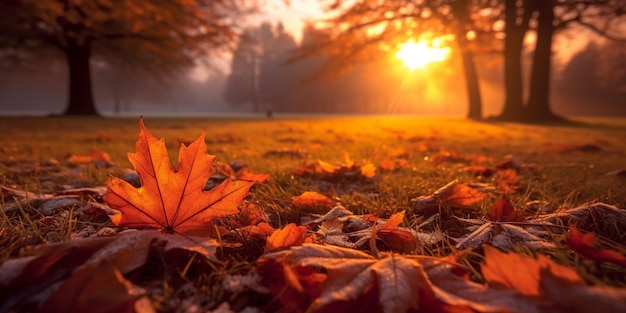 Le foglie si stendono a terra in un parco al tramonto ai generativo