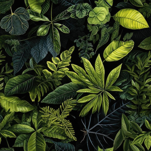 Le foglie tropicali esotiche formano un disegno senza cuciture su piastrelle nere