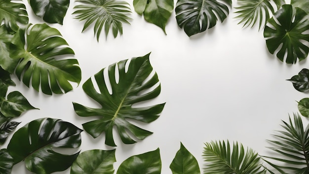 Le foglie tropicali sono posizionate su una tela bianca con parte del layout delle foglie e spazio di copia