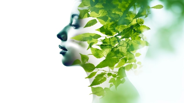 Le foglie verdi dell'albero della natura si combinano con la bellezza della giovane donna attraente Concetto di salute mentale AI Generativo