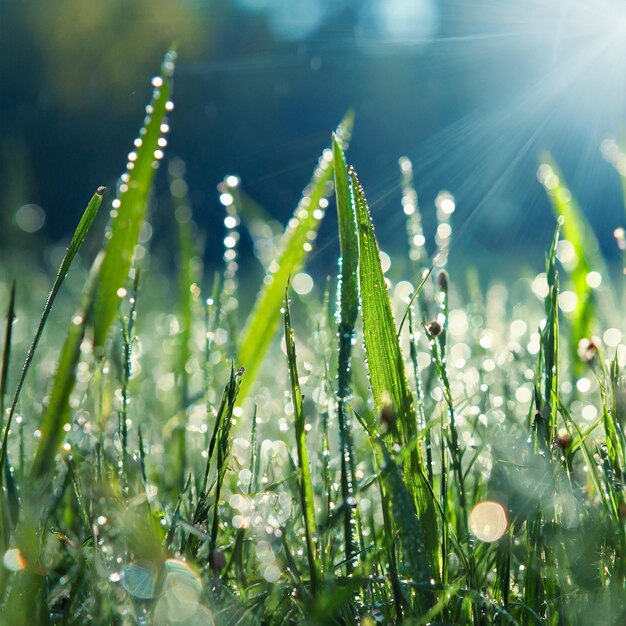 Le foglie verdi dell'erba con la rugiada sono bagnate dai raggi del sole mattutino