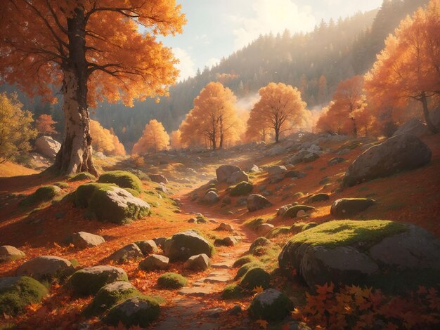 Le foglie vibranti dell'autunno illuminano la tranquilla foresta al crepuscolo