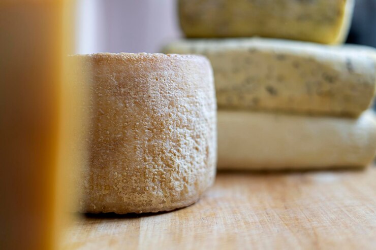 Le forme di formaggio producono per la vendita al banco Selezione di pagnotta di formaggio fresco mucchio di molti formaggi