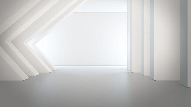 Le forme geometriche strutturano sul pavimento di cemento vuoto con il fondo bianco della parete in grande corridoio o showroom moderno.