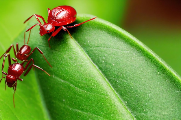 Le formiche rosse marroni luminose con il corpo rotondo si siedono sulla foglia verde