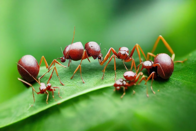 Le formiche rosse marroni luminose con il corpo rotondo si siedono sulla foglia verde