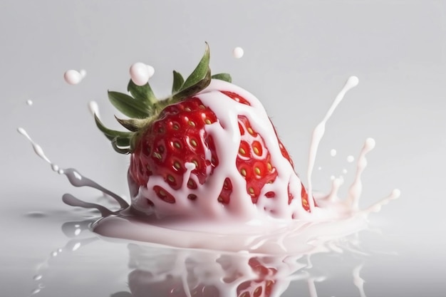 Le fragole cadono nel latte Fragole e una spruzzata di crema AI Generated