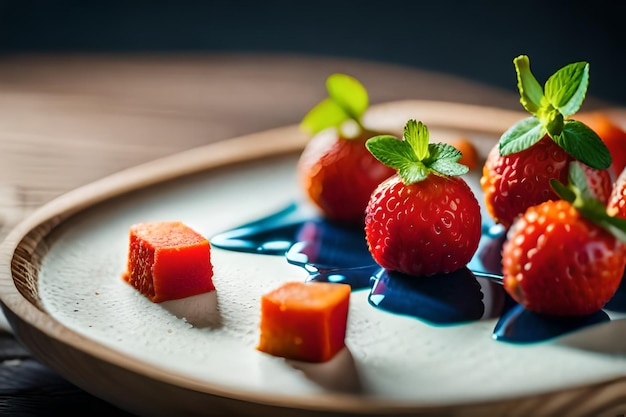 le fragole e le fragole sono su un piatto con una foglia verde