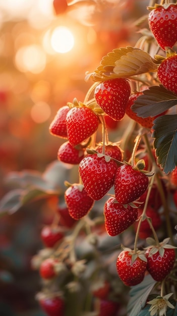 Le fragole mature appese all'albero