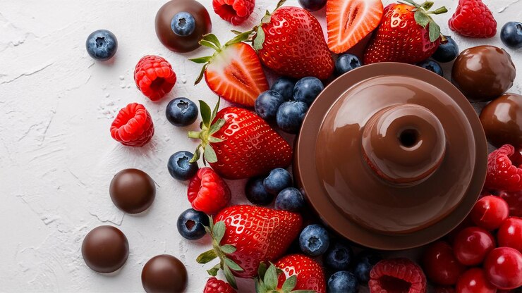 le fragole ricoperte di cioccolato e il cioccolata sono tra i frutti di una torta di cioccolate