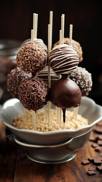 le fragole ricoperte di cioccolato sono su un bastoncino in una ciotola di cioccolatini.