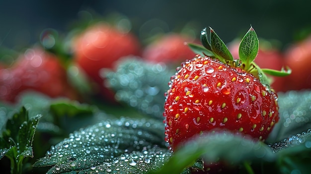 Le fragole zuccherose e succose adornate da gocce di rugiada scintillanti si appoggiano sul fogliame verde verde.