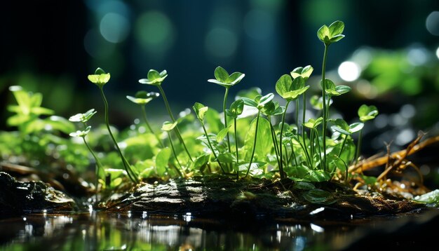 Le fresche foglie verdi si riflettono nei tranquilli fiori di bellezza della natura dello stagno generati dall'intelligenza artificiale