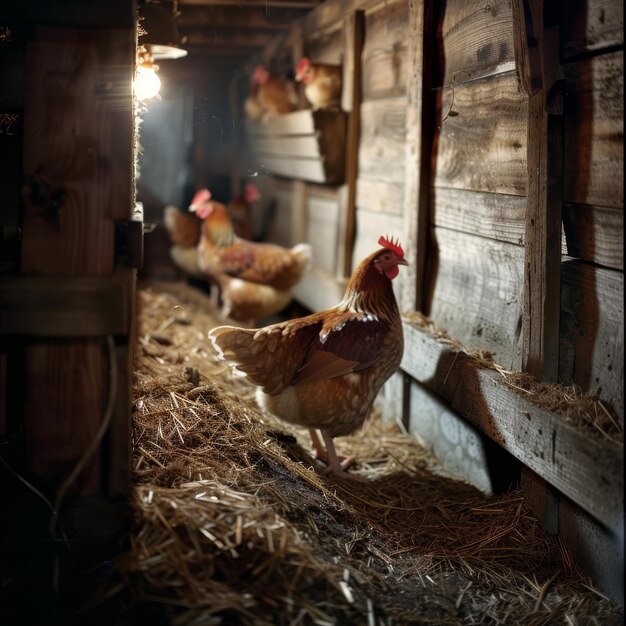 Le galline nel pollaio i raggi del sole che brillano attraverso