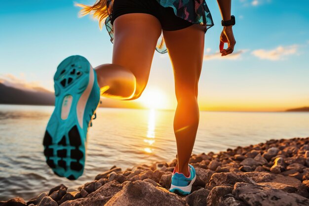 Le gambe dei corridori al tramonto vicino al lago