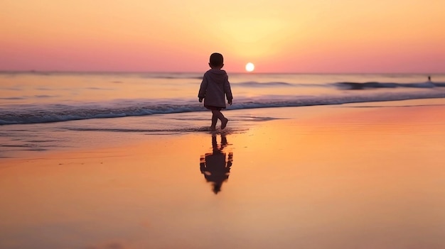 le gambe del bambino camminano sul tramonto alla spiaggia di sabbia raggio di sole razzi durante le vacanze estive dell'onda di acqua di mare