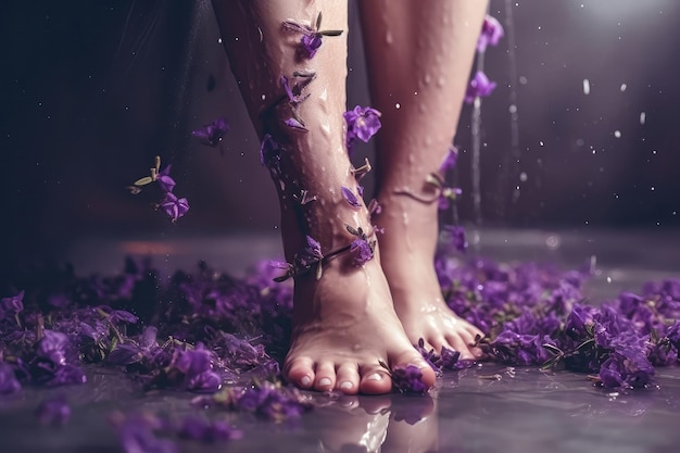 Le gambe della donna con fiori viola da una doccia d'acqua Generative AI