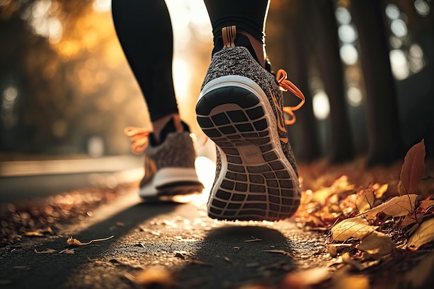 Le gambe delle donne in scarpe da ginnastica sportive che corrono nel primo piano del parco IA generativa