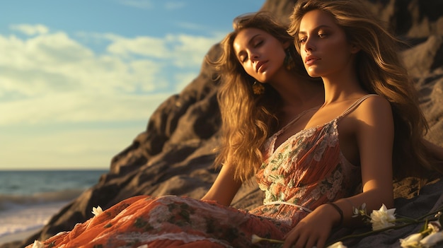 Le giovani donne stanno riposando sulla spiaggia di corallo