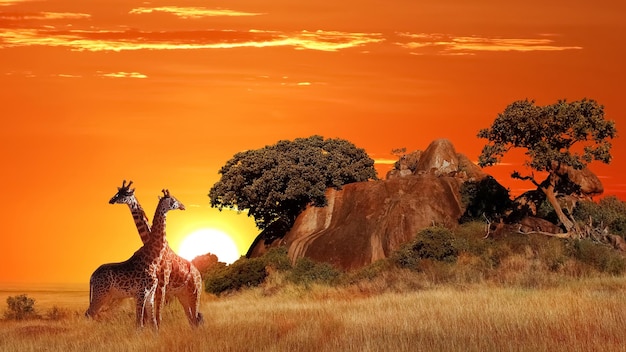 Le giraffe nella savana africana al tramonto Parco Nazionale del Serengeti Tanzania Africa