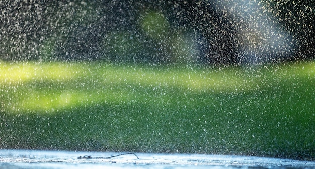 Le gocce di pioggia cadono sull'asfalto e sull'erba verde.