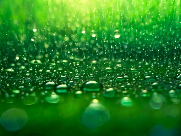 Le gocce di pioggia sul vetro per sfondi verdi, l'autunno piovoso, il tempo, lo sfondo astratto con le gocce d'acqua sulla finestra e la luce del giorno sfocata, fuori dalla finestra è sfocata la bokeh dell'acqua della città.