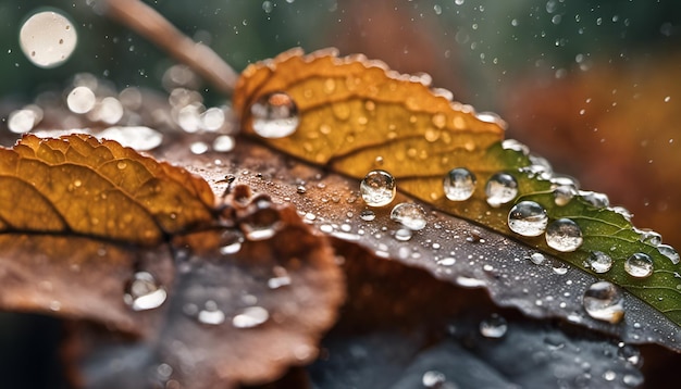 Le gocce di pioggia sulle foglie d'autunno