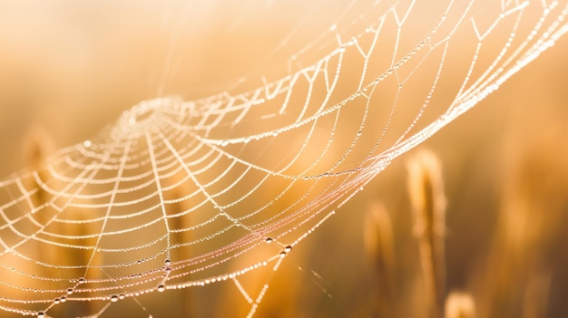 Le gocce di rugiada che luccicano sulla rete di ragno nella luce dorata del mattino