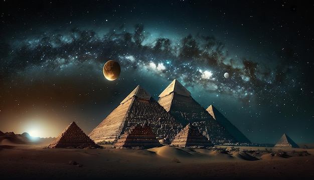 Le Grandi Piramidi di Giza e la Luna nel cielo notturno AI generativa