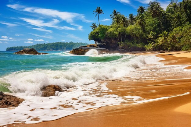 Le idilliache onde della costa tropicale si scontrano con le acque blu della spiaggia sabbiosa