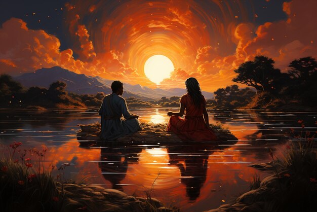 le immagini della coppia che parla al tramonto