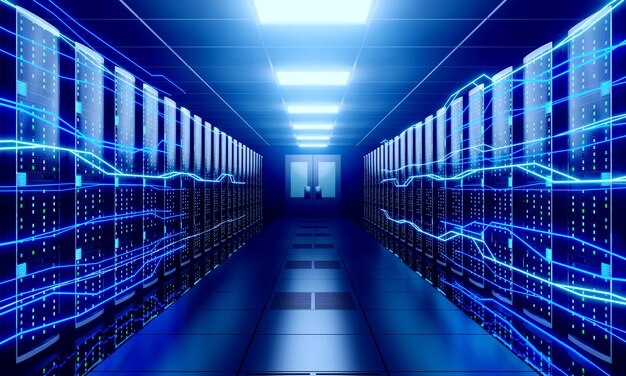 Le informazioni digitali fluiscono attraverso il data center con molti rack di computer