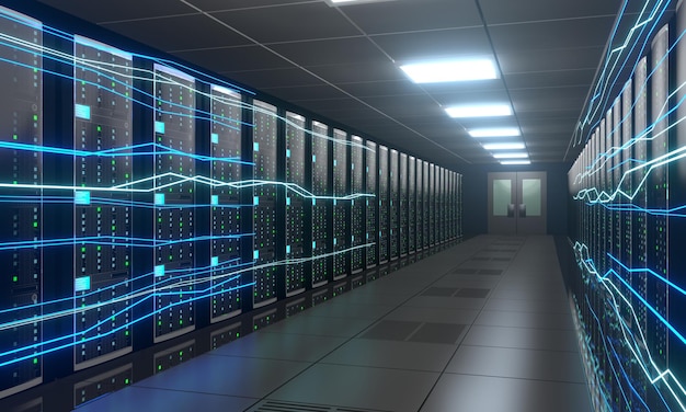 Le informazioni digitali fluiscono attraverso il data center con molti rack di computer