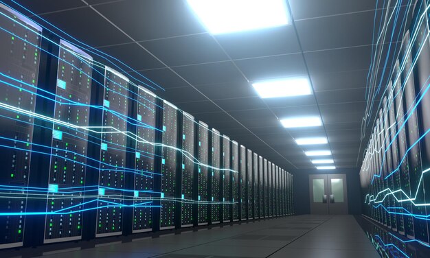 Le informazioni digitali fluiscono attraverso il data center con molti rack di computer