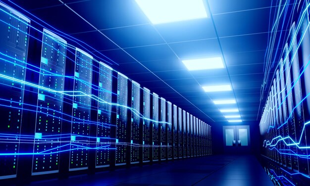Le informazioni digitali fluiscono attraverso il data center con molti rack di computer